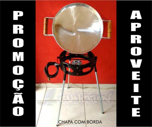 Chapa Para Bife de Aluminio Fundido com borda de 3cm + Queimador Fogareiro a Gás + Tripé