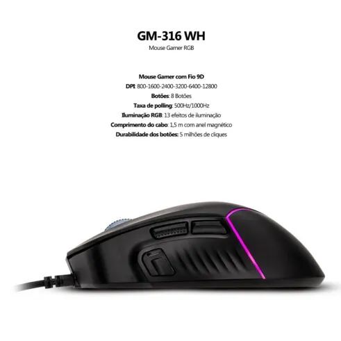 Mouse Gamer Xtrike Me Gm Preto Usb Dpi Led Rgb