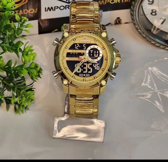 Rel Gio Naviforce Original Dourado Anal Gico Digital Novo