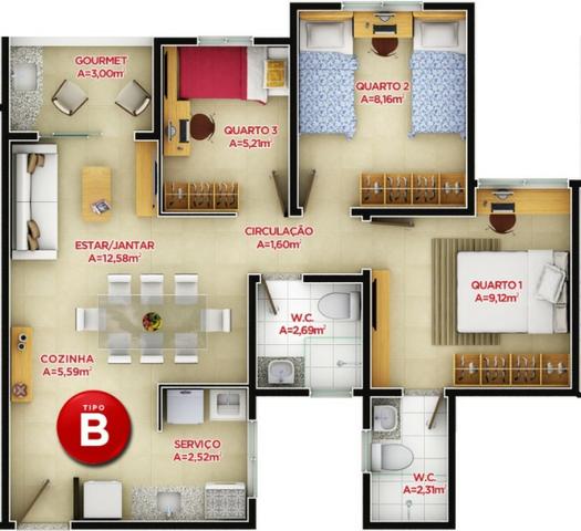 Villa Milano - Apartamento 59,79m² com 3 quartos Parque 2 Irmãos - Foto 9