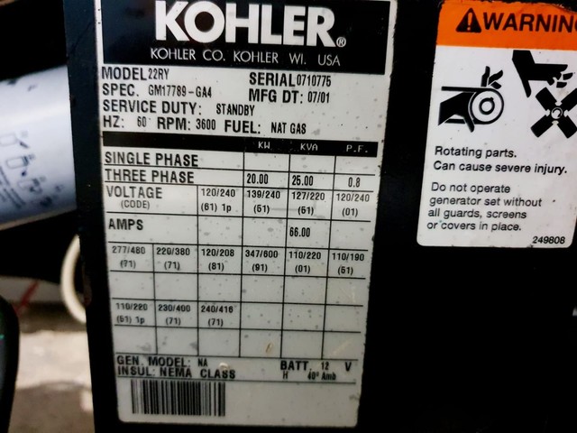 GRUPO GERADOR 25 KVA/20 KVA A GAS  KOHLER