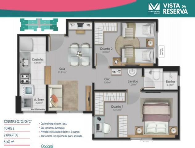 ALX - 04 - Seu APÊ de 2 Quartos Grandes, Senso um 12,42m² e outro de 8,81m² - Foto 2