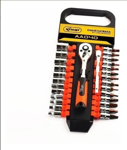 Jogo De Chaves Soquetes Knup 28 Peças com Catraca Reversível e Extensor