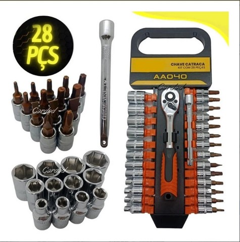 Jogo De Chaves Soquetes Knup 28 Peças com Catraca Reversível e Extensor - Foto 7