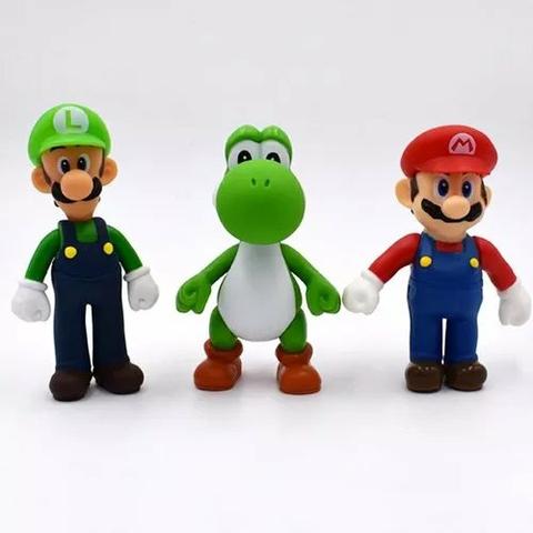 3 Bonecos Super Mario Bros Yoshi, Luigi, Mario Grandes 13cm