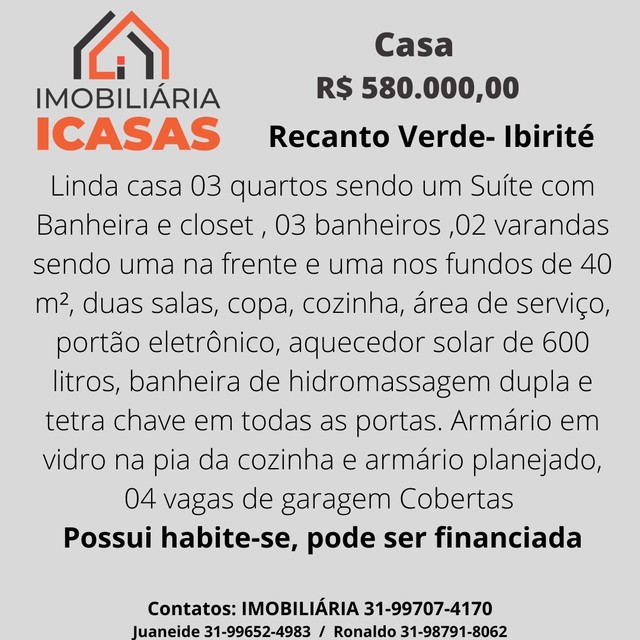 Casa para venda, com 03 quartos com HABITE-SE, no bairro Recanto Verde - Ibirité - MG