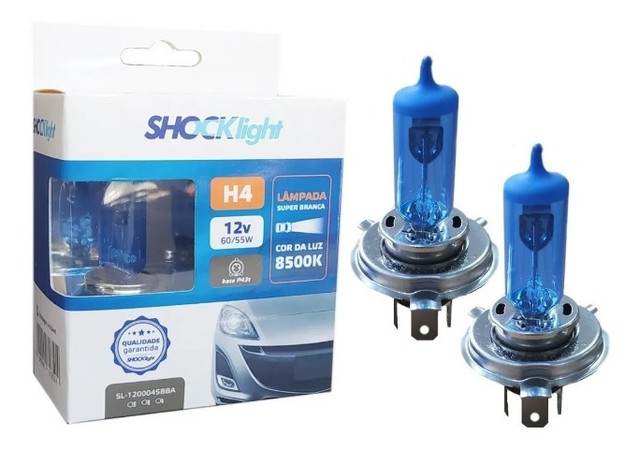 Par Lâmpada H4 Super Branca Shocklight 8500k 12v 60/55w