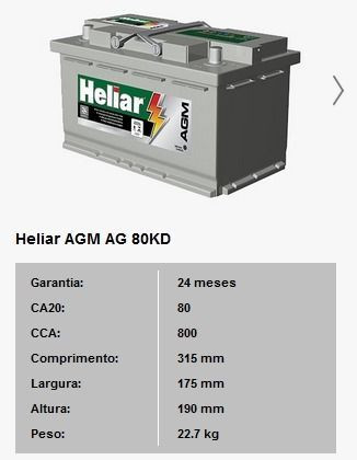 Bateria Para Carro Heliar Tecnologia AGM de 80 AH com 2 Anos de Garantia - Foto 2