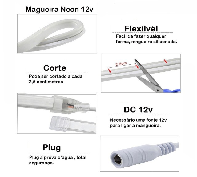 Fita Led Neon 12v Fina Corte 2,5cm Alto Brilho+ Fonte 12V 2a - Foto 3
