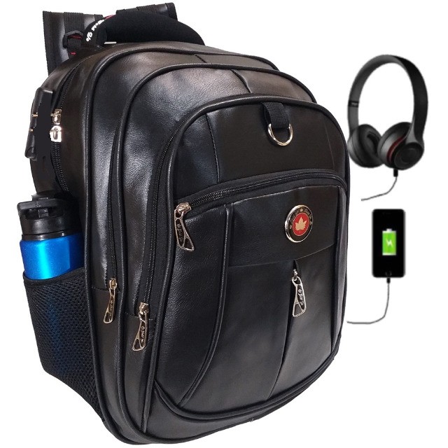 Mochila Couro Grande Executiva Com Entrada Usb E Fone De Ouvido