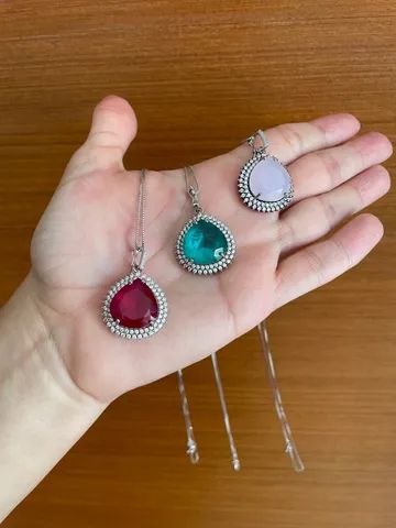 Colar gota comédia cravejada prata 925 rubi turmalina rosa quartzo  - Foto 3