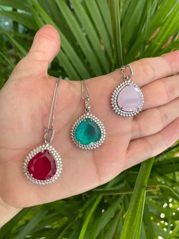Colar gota comédia cravejada prata 925 rubi turmalina rosa quartzo  - Foto 2