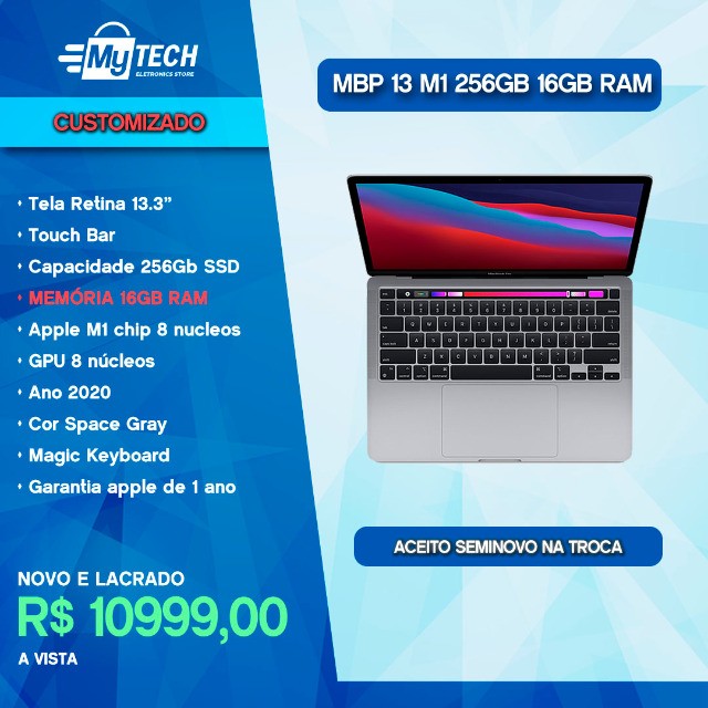 Macbook Pro 13 M1 16Gb RAM 256 Gb SSD Gray (Customizado / Novo e Lacrado)