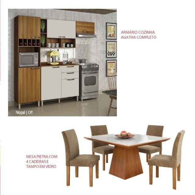 R$ 1.525 Kit Completo ? Armário Cozinha Agatha Completo + Mesa Pietra com 4 Cadeiras 90×90