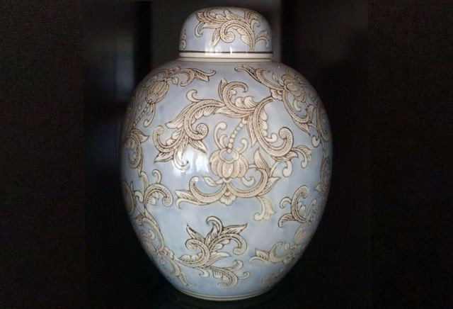 Vaso Potiche Bello Porcelana Floral Azul Novo