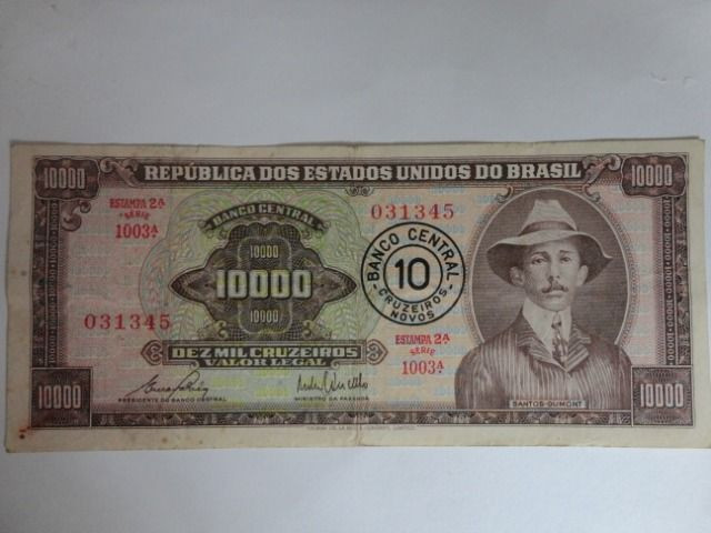 Cédula Antiga De 10.000 Cruzeiros Santos Dumont C/ Carimbo - 2ª estampa