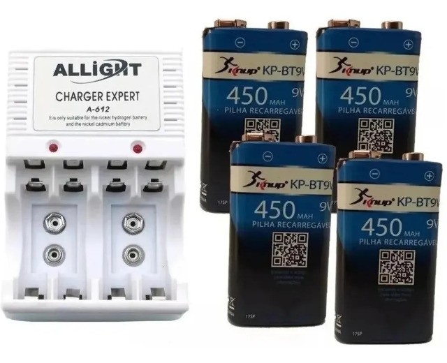 Kit 4 Baterias Recarregável 9v 450 Mah Knup + Carregador Pilhas AA 9V