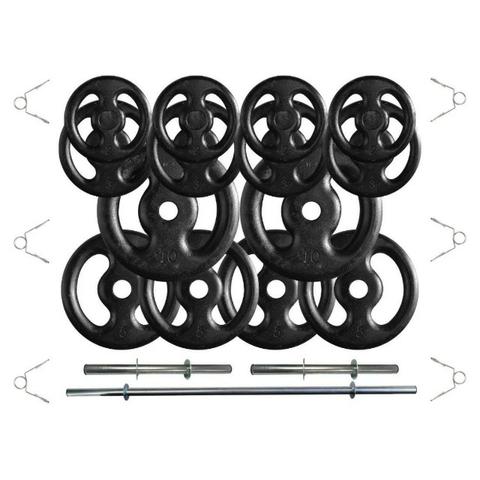 Kit Com 60 Kg De Anilhas Ferro Fundido + Barras De Supino E Halteres