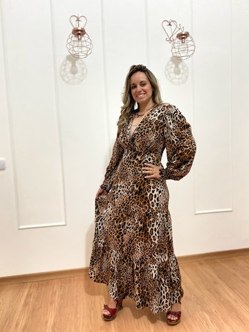 Vestido Longo Animal Print - Manga Comprida Decote V