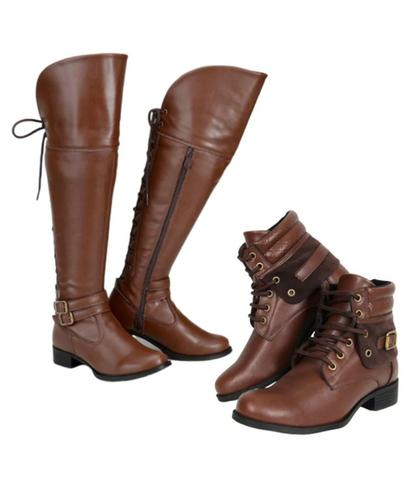 Kit Bota Over Cano Alto Feminina Com Botinha Cano Curto