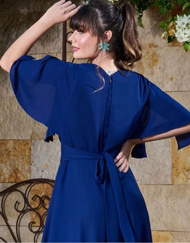 Vestido longo liso Azul Royal com manga corte Godê