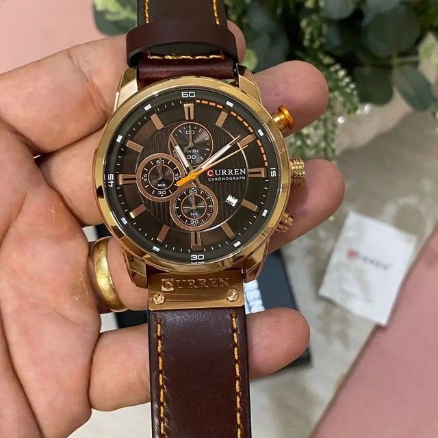 Curren Relógio Analógico Masculino Com Pulseira De Couro Rose Coffee - Foto 2