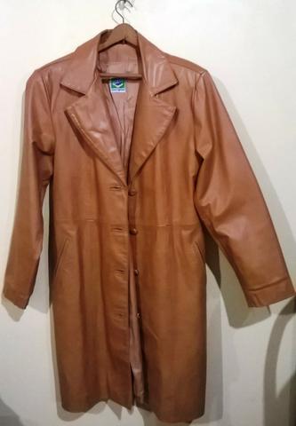 Sobretudo de couro legítimo, marrom, feminino, tamanho m