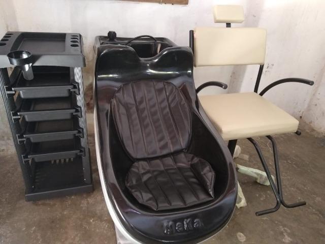 Kit novo completo de cabeleireiro lavatório cadeira e carrinho auxiliar
