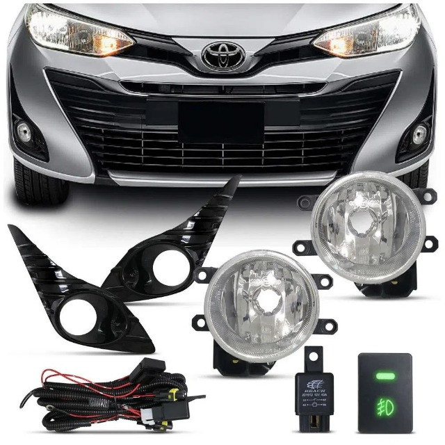 Kit Farol de Milha Yaris Hatch Sedan C/ Moldura Blackpiano Botão e Lâmpadas 