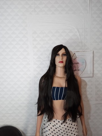 Peruca wig preta de franjão 60 cm lisa orgânica