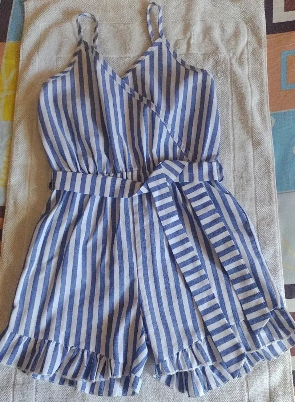 Macacão Infantil Listrado Azul e Branco
