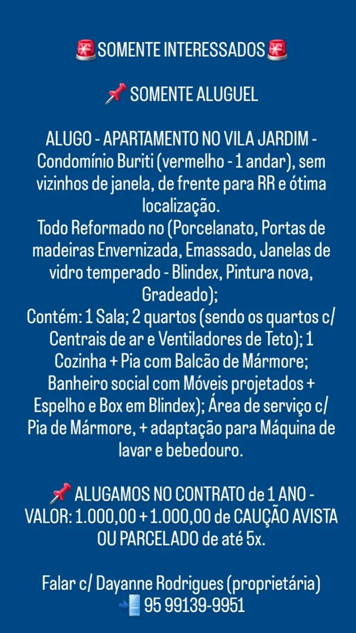 ALUGO - APARTAMENTO- VILA JARDIM