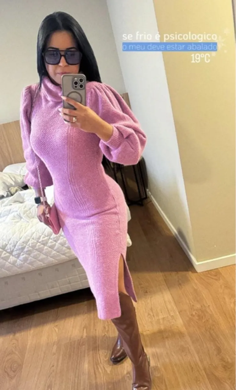 Vestido Midi Manga Longa Tricot Rosa(Tamanho único)