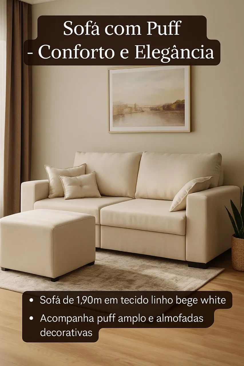 Sofá desing quadrado + almofadas decorativas + puff quadrado - Foto 2