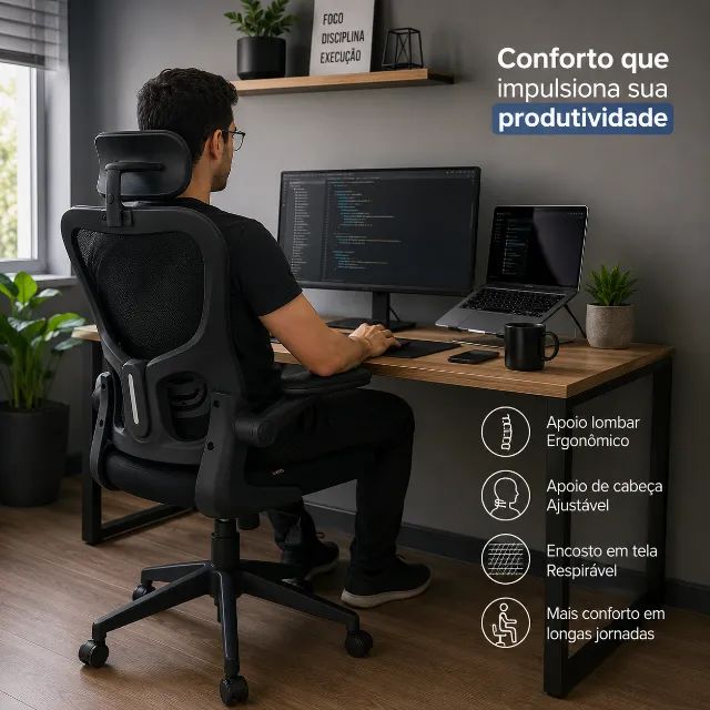 Cadeira Escritório Tela Ergonômica Preta Apoio Cervical Home Office 20098 - Foto 2