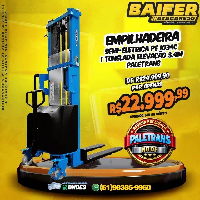 Empilhadeira Semi-Eletrica PE 1034c 1 Tonelada Elevação 3.4m Paletrans