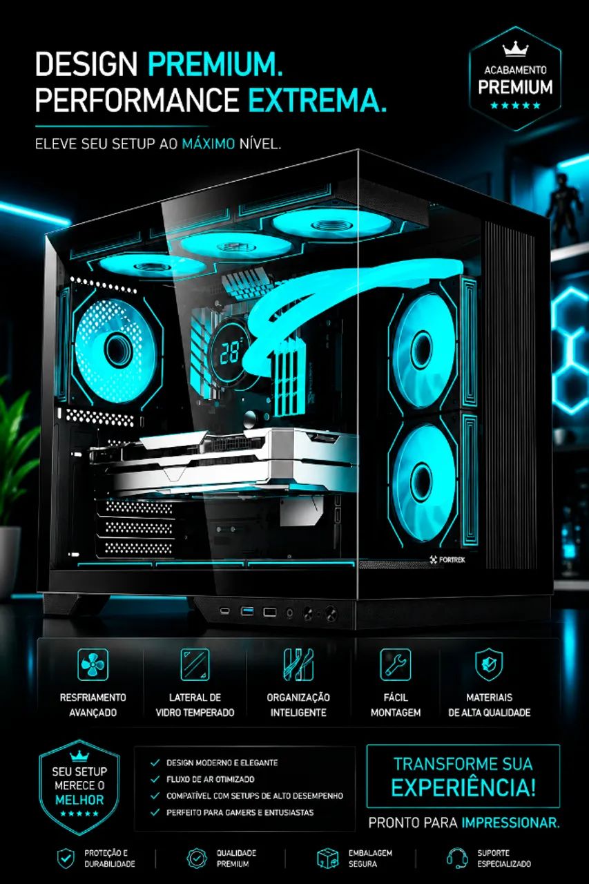 Gabinete fortrek clarity modelo ATX aquario preto