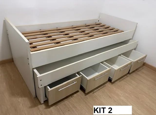 Kit de 2 Bicama com gavetas com 2 mesas escrivaninha , 1  baú e 2 Gaveteiro de Cabeceira