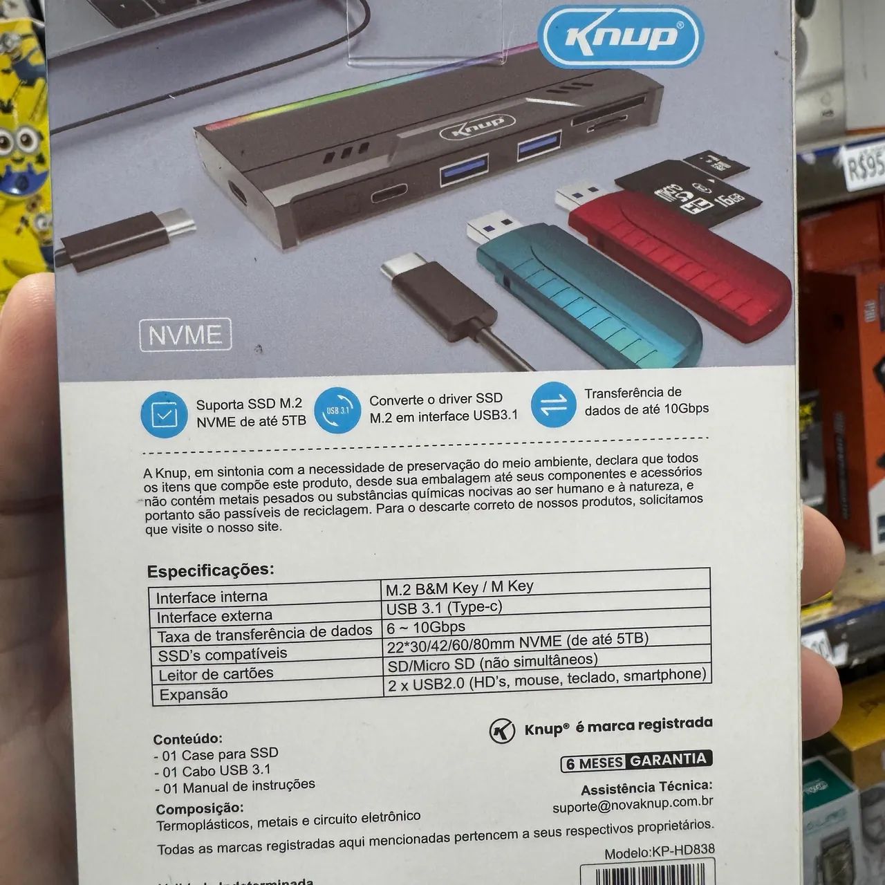 Adaptador Case SSD M.2 NVMe USB 3.1 Tipo-C 10Gbps Knup HD838 com 2 USB + SD/TF - Foto 2