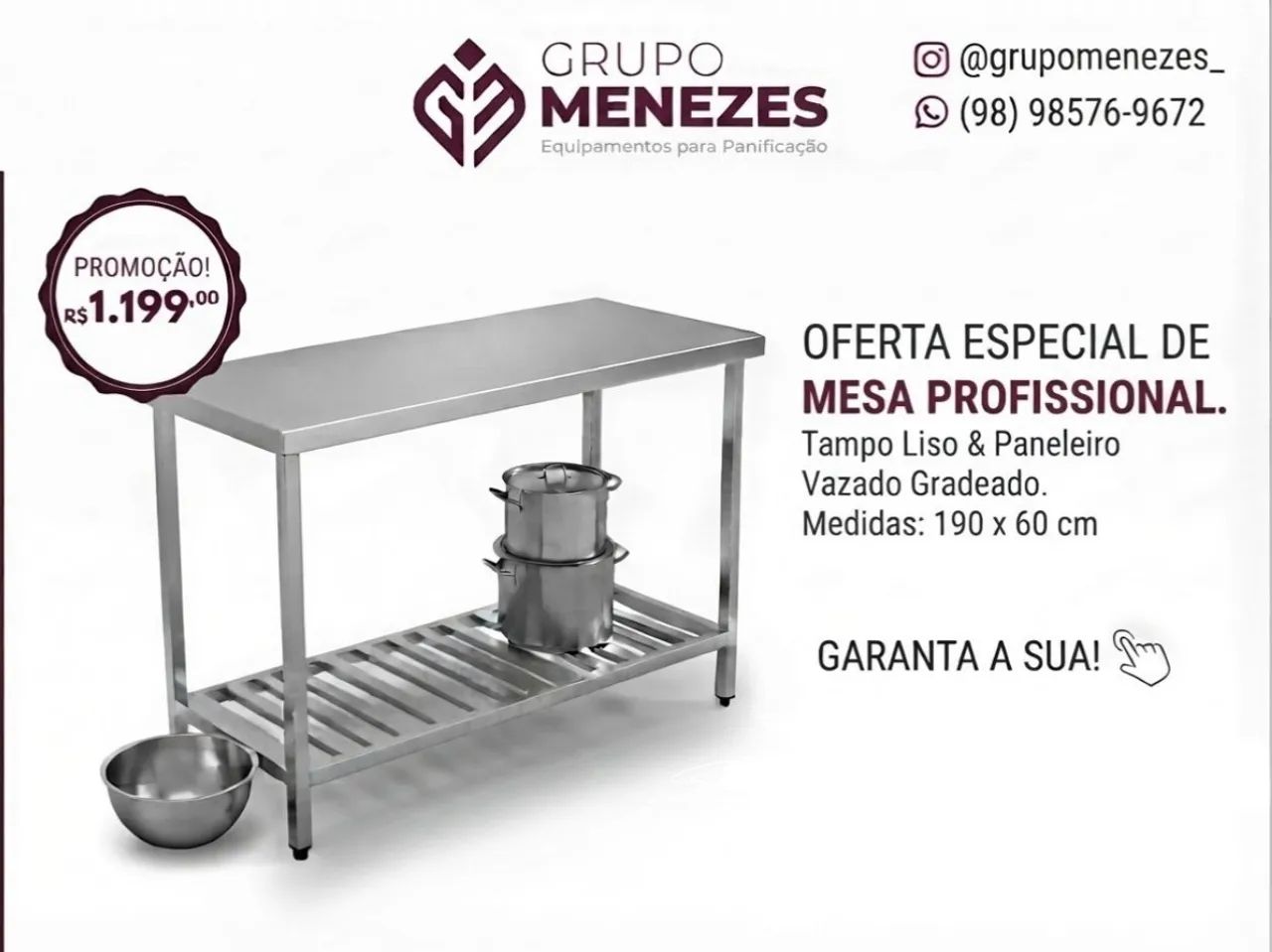 Mesa inox Menezes 190x60x90