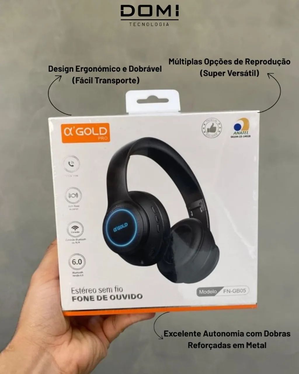 Headset A'Gold Bluetooth Tipo Concha Preto com Microfone e Cancelamento de Ruído