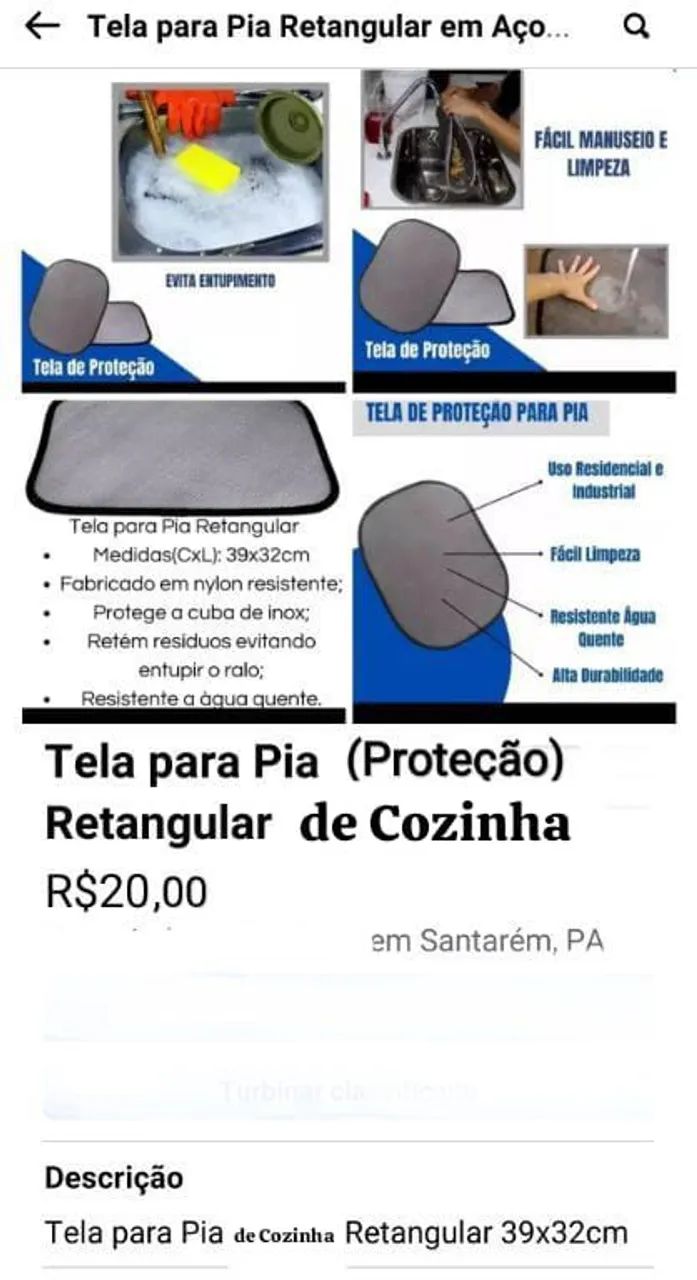 Tela para Pia de Cozinha Retangular 39x32cm