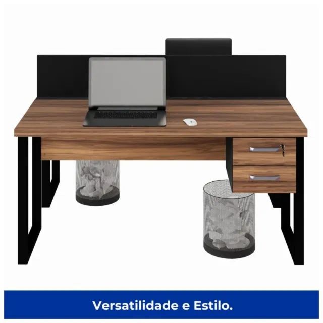 Estação de Trabalho 2 Lugares 1,50×1,35m c/ Gavetas Tomada Pé Quadro Nogal Sevilha 63099 - Foto 2
