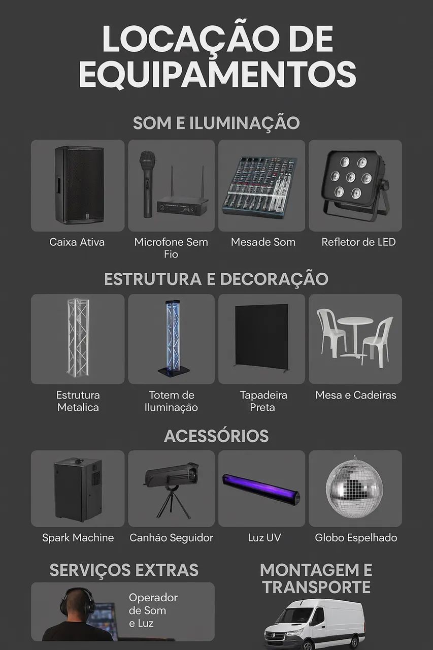Locação de equipamentos para festa. 