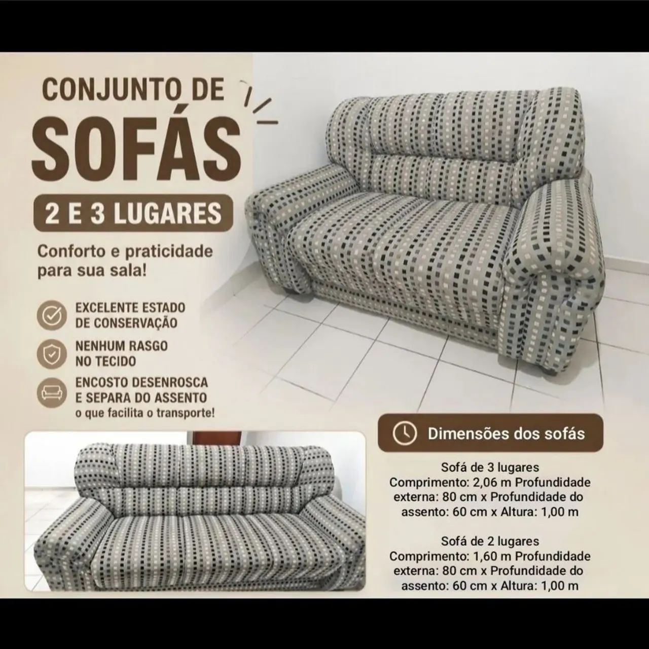 Conjunto de sofás de 2 e 3 lugares, confortável e espaçoso