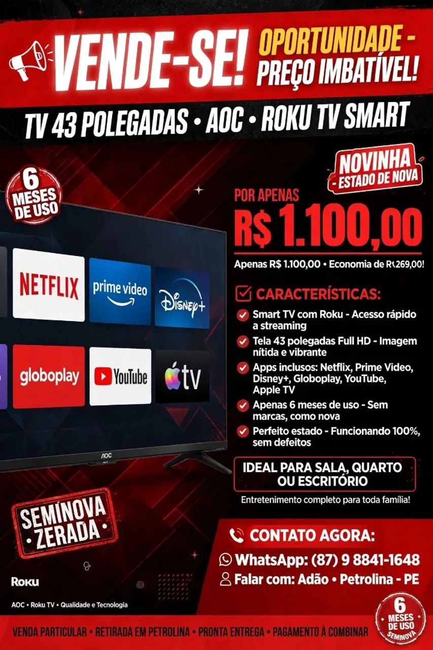 Vende-se tv 43 polegadas seminova .Aoc.  roku  tv smart