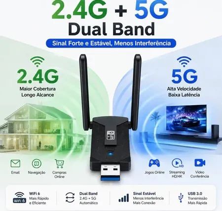 Adaptador Wireless WiFi Mini 2 Antenas Dual Band 1300Mbps 5.8GHz/2.4GHz Sem Fio z1562 - Foto 2