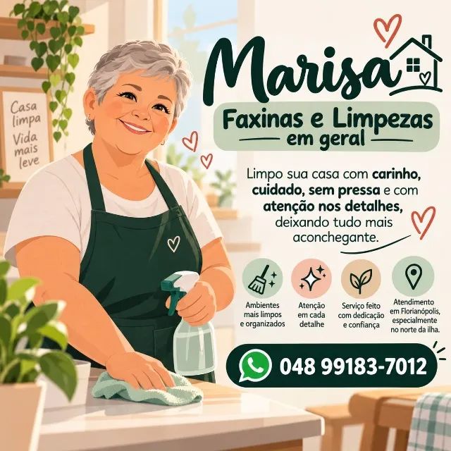 Faxinas em geral, limpeza ou diarista.