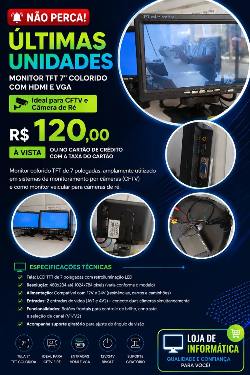 monitor com hdmi e vga  colorido TFT de 7 polegadas, amplamente utilizado