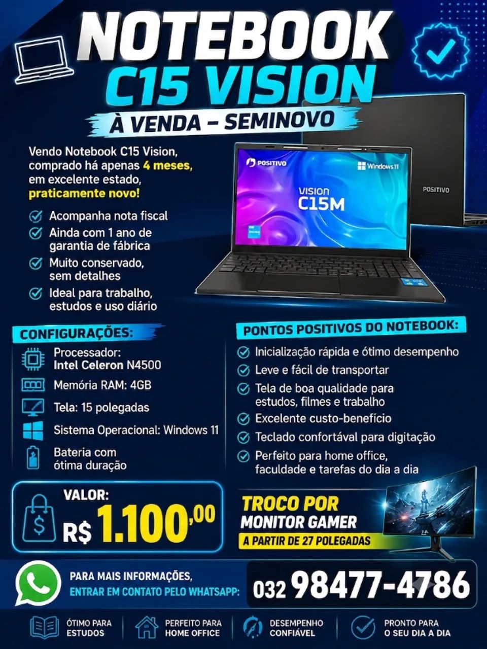 Notebook Positivo Vision 15 com Mini Tela - Foto 2